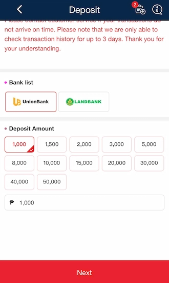 🔻Step 2: Select deposit amount.